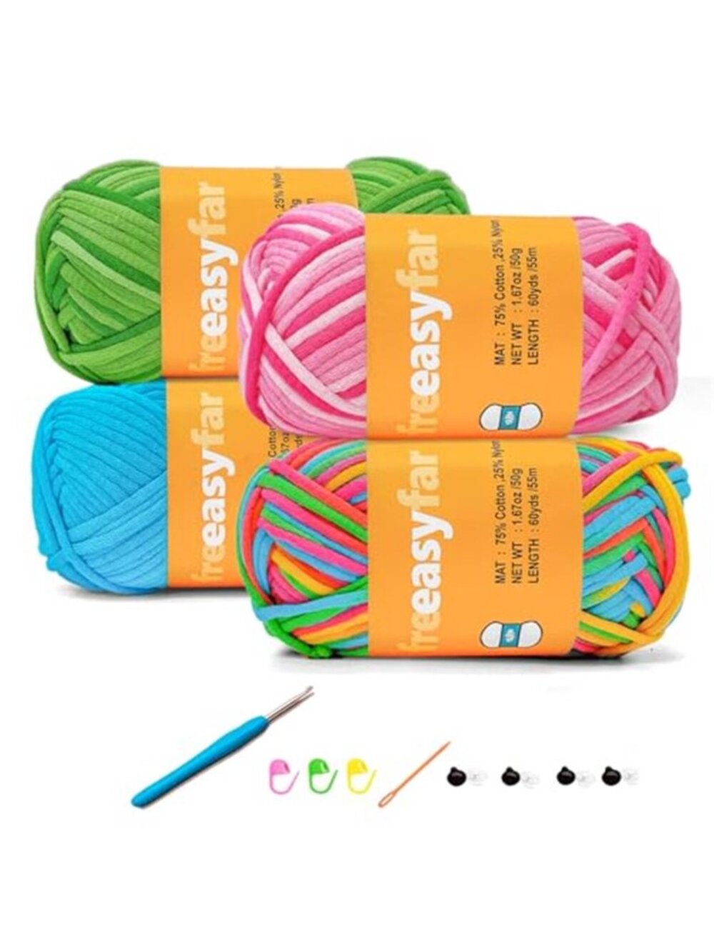Beginner Crochet Yarn Kit Knitting Cotton Blend Rainbow Colorful 4 Skeins Set